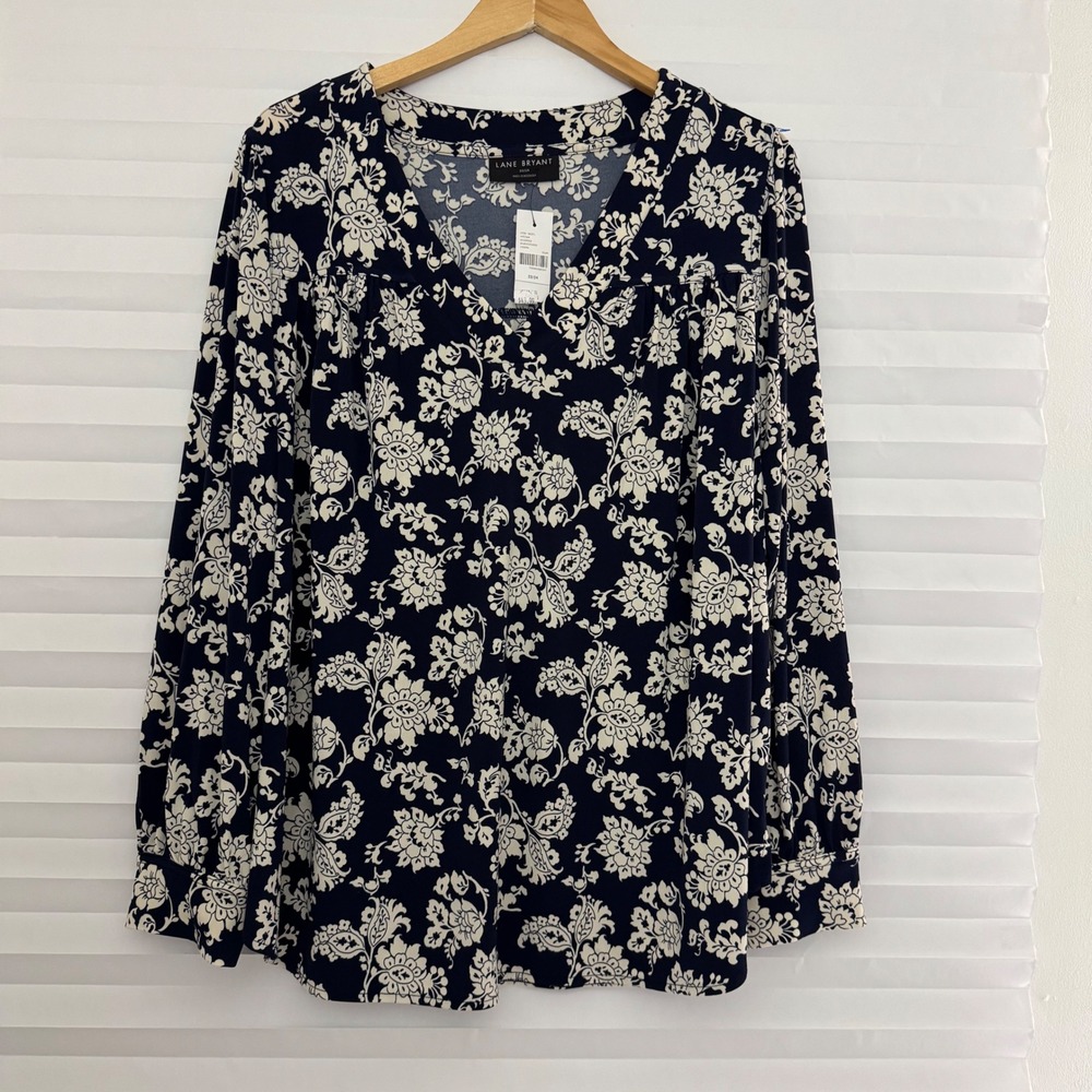 Lane Bryant Navy White Floral Damask V-Neck Office Blouse Top 22/24 NEW‎